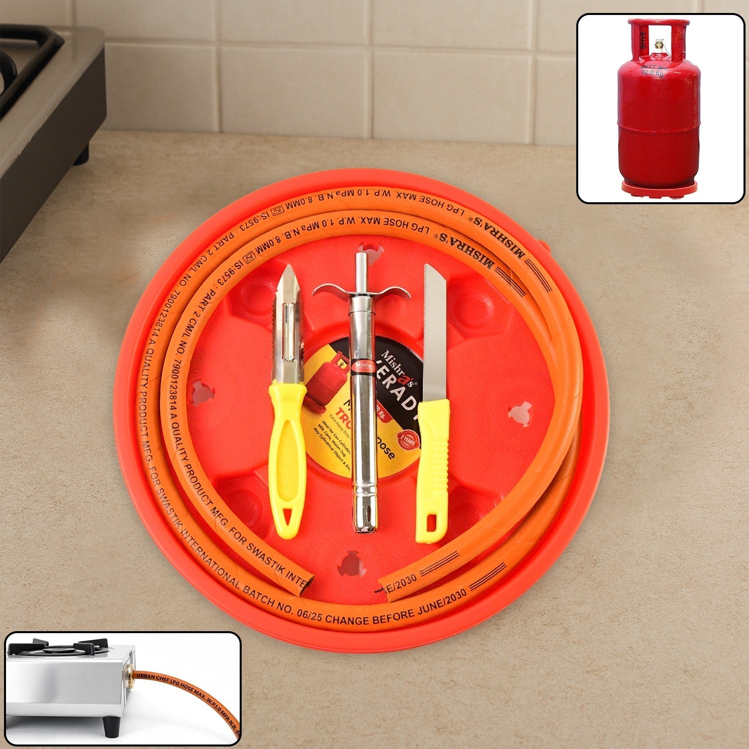 Mishra's LPG kitchen combo set showing gas stove connection pipe and tools