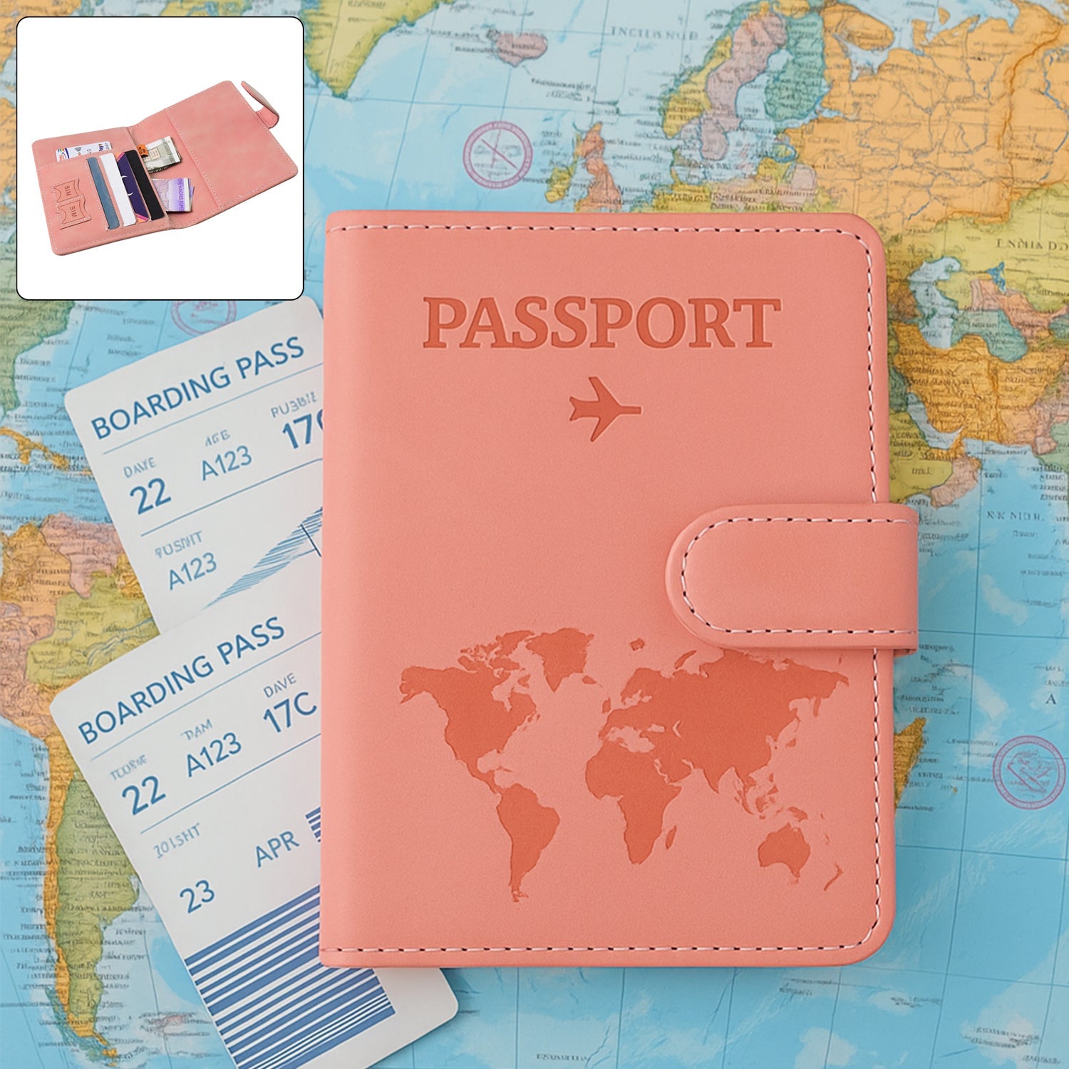 Travel passport holder featuring elegant embossed world map design