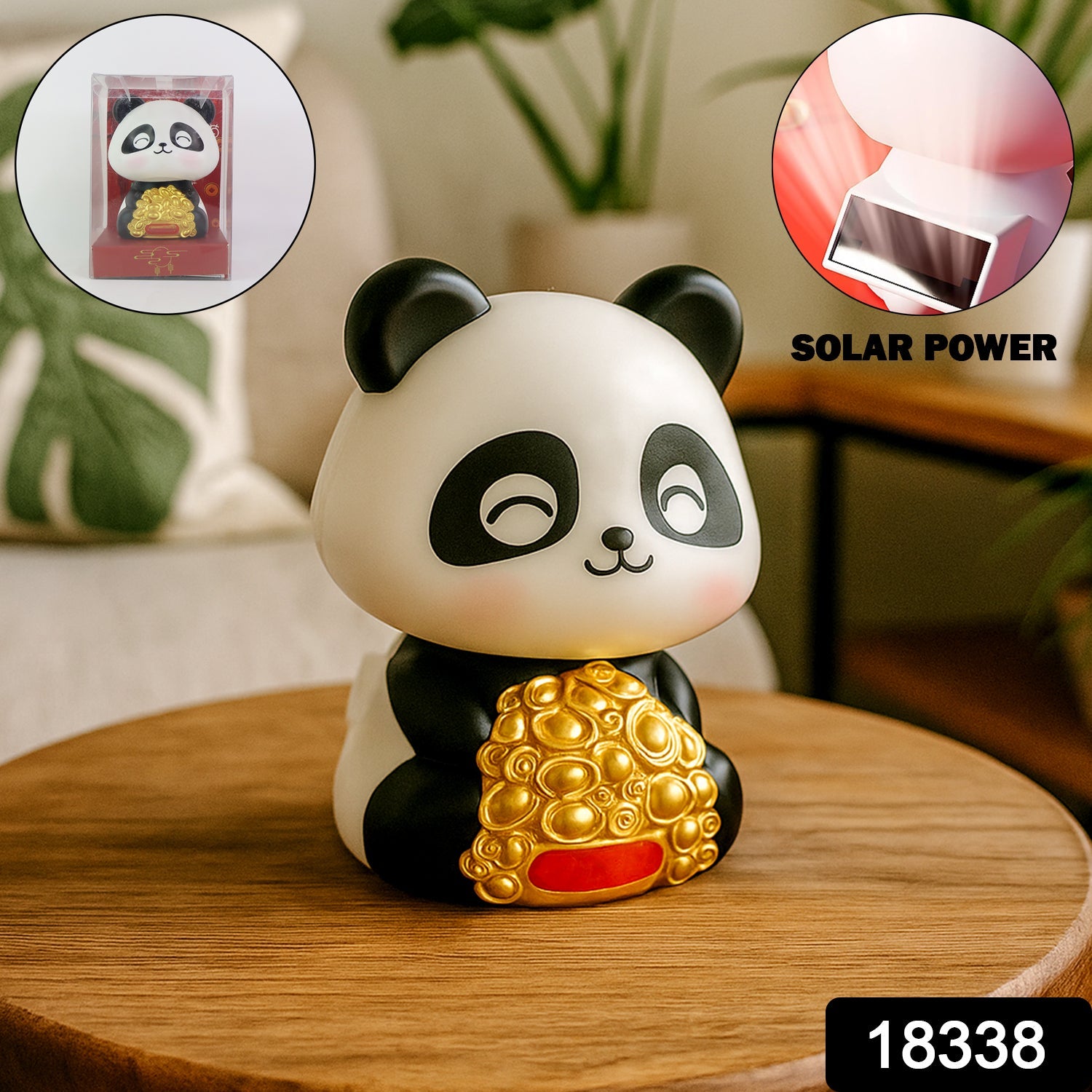 Close-up of the solar panel on the base of the dancing panda showpiece.